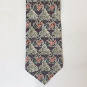 333 New York 100% Silk Paisley  Floral Stripe Tie - Green Cream Peach Pink Roses